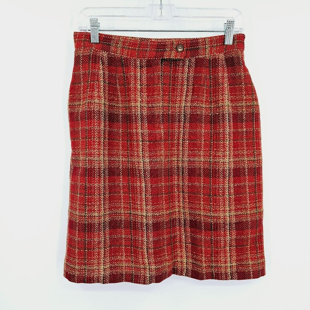 LizSport In A Country Mode Plaid Skirt 10 Red Brown Wool Blend Lined Pockets New